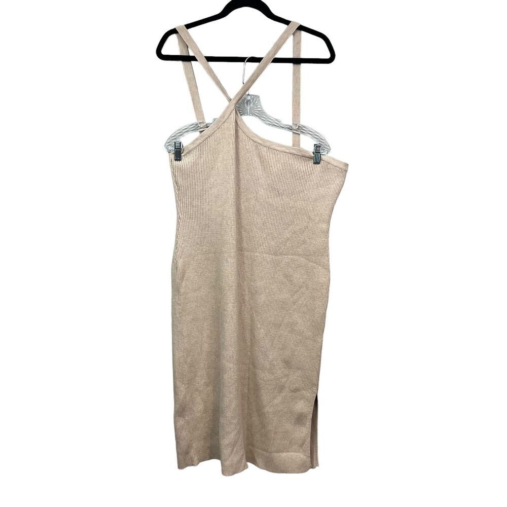Cider Women Midi Knit Halter Dress Stretch Ribbed Side Slit Beige Sz 2XL*